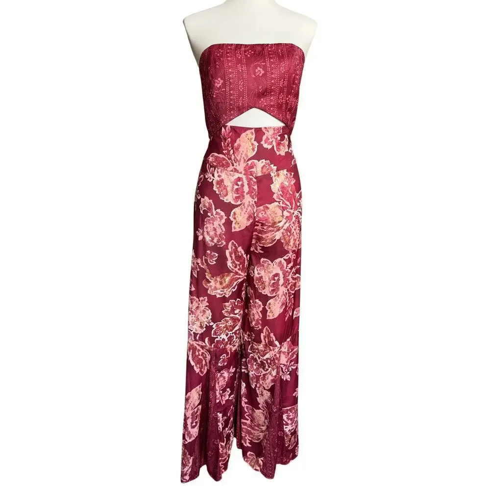 Free People Silky Juliet Jumpsuit Strapless Floral Wide Leg Jumpsuit Size Medium